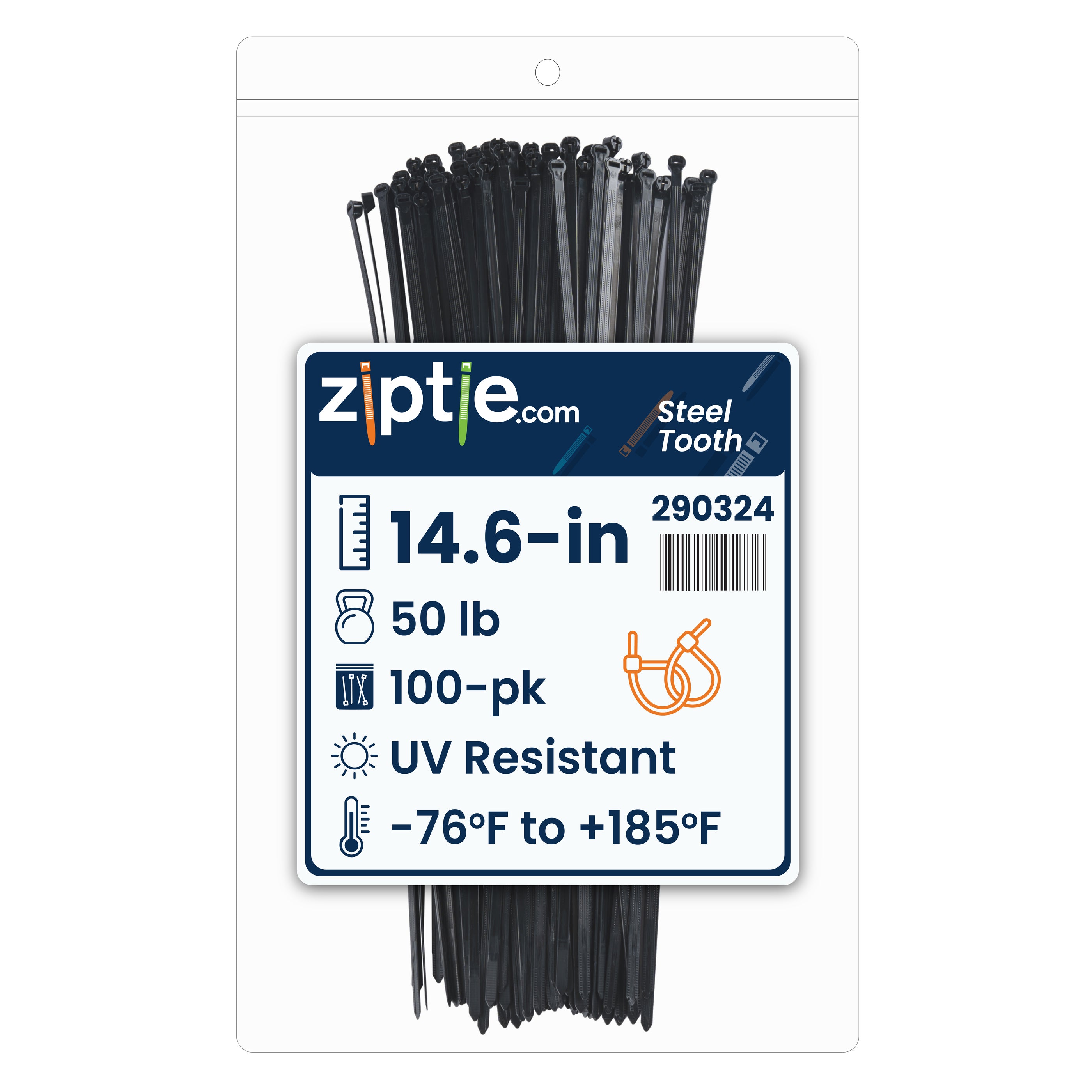 14.6-inch UV Resistant Black Steel Tooth Zip Tie, 50-lb Tensile Strength, UL 21S Listed, 100-Pack