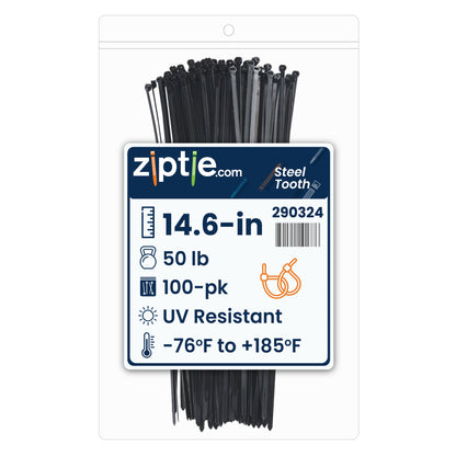 14.6-inch UV Resistant Black Steel Tooth Zip Tie, 50-lb Tensile Strength, UL 21S Listed, 100-Pack