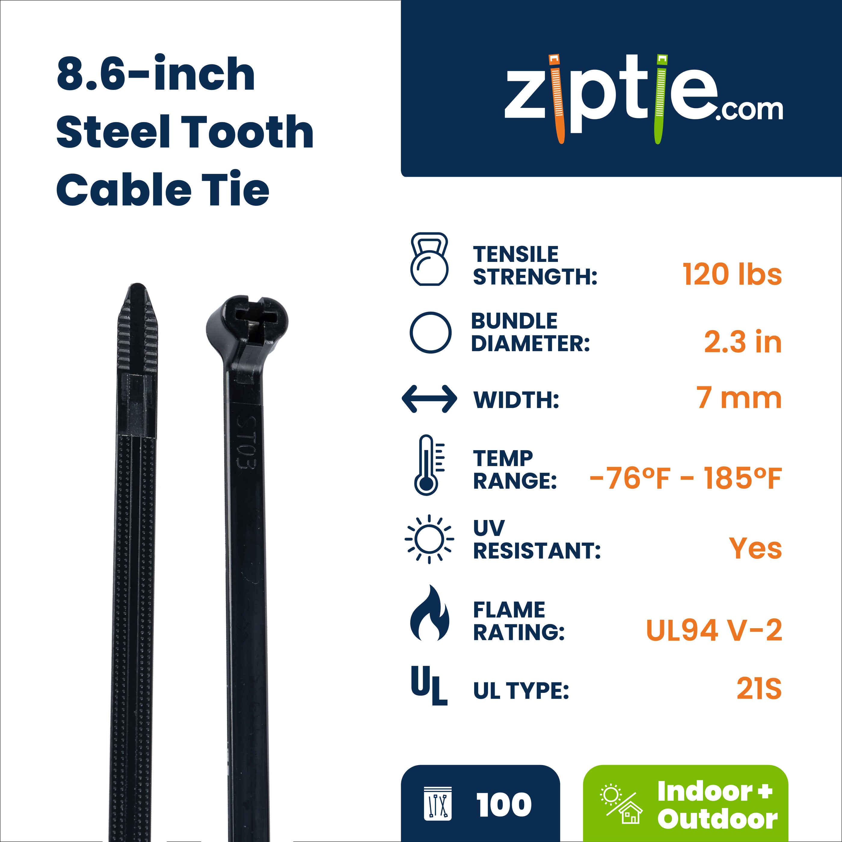 8.6-inch UV Resistant Black Steel Tooth Zip Tie, 120-lb Tensile Strength, UL 21S Listed, 100-Pack