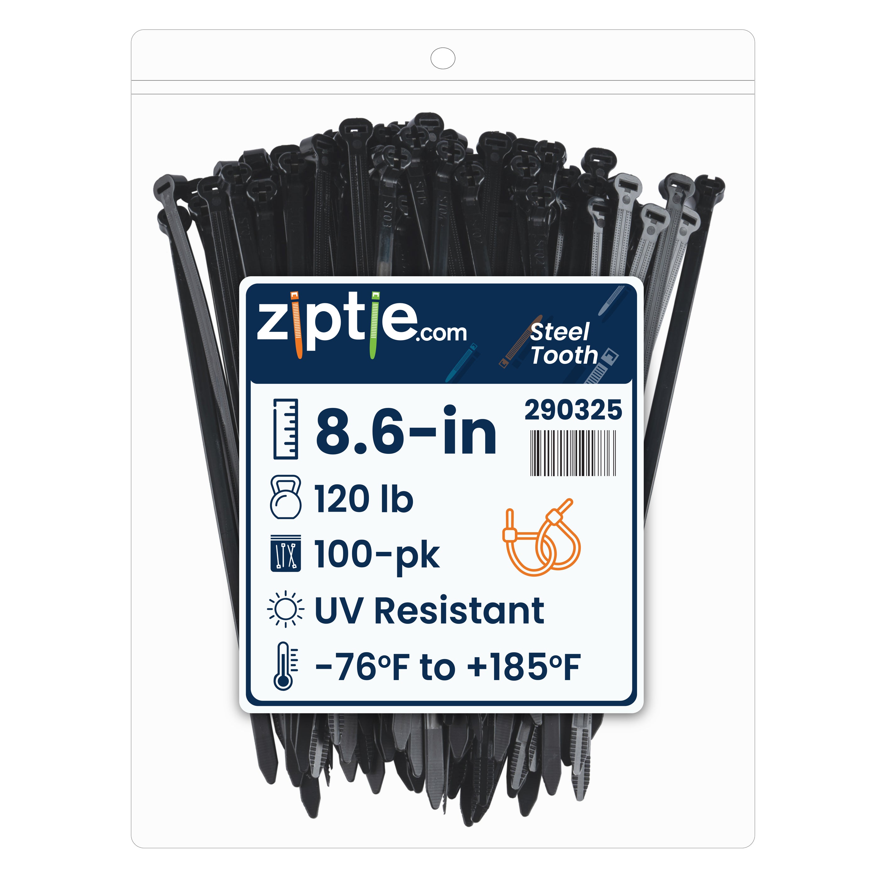 8.6-inch UV Resistant Black Steel Tooth Zip Tie, 120-lb Tensile Strength, UL 21S Listed, 100-Pack