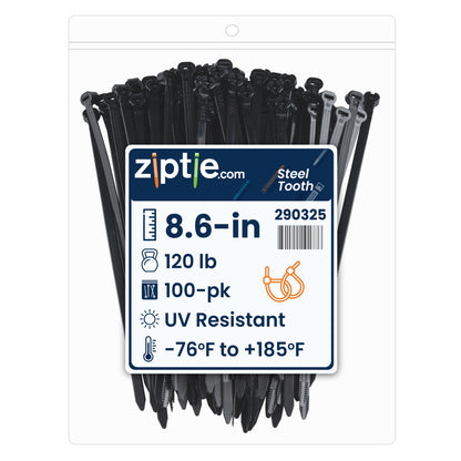 8.6-inch UV Resistant Black Steel Tooth Zip Tie, 120-lb Tensile Strength, UL 21S Listed, 100-Pack