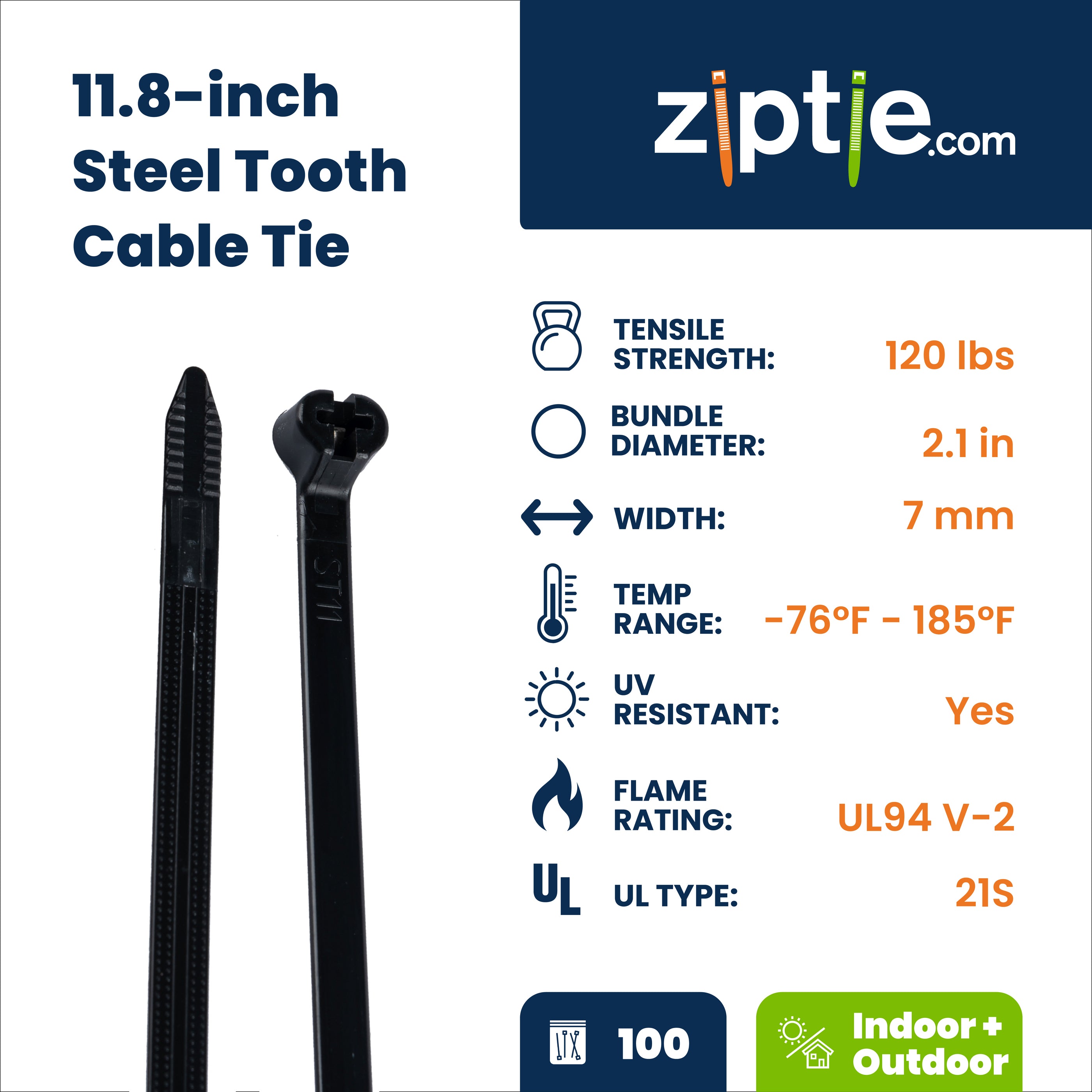 11.8-inch UV Resistant Black Steel Tooth Zip Tie, 120-lb Tensile Strength, UL 21S Listed, 100-Pack