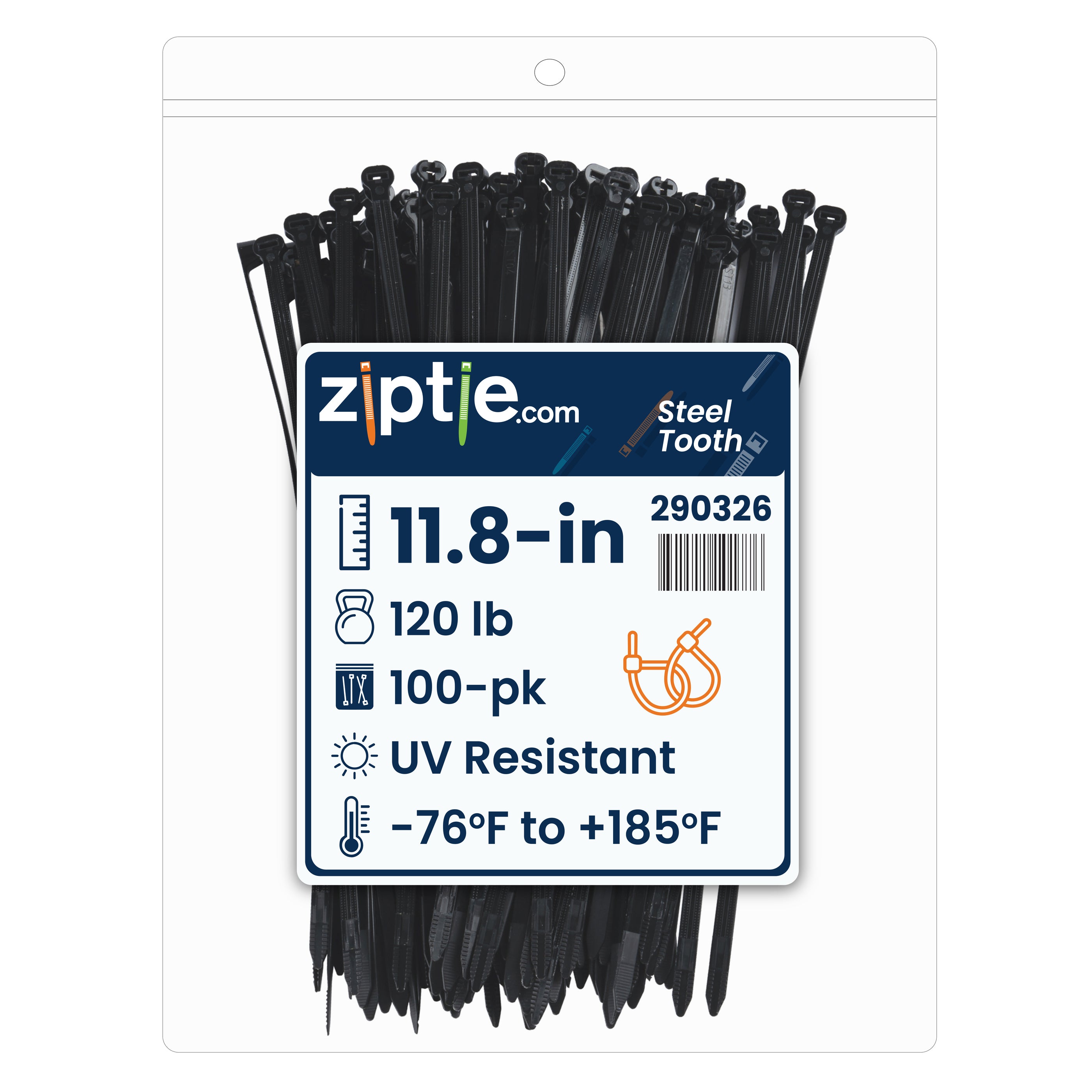 11.8-inch UV Resistant Black Steel Tooth Zip Tie, 120-lb Tensile Strength, UL 21S Listed, 100-Pack