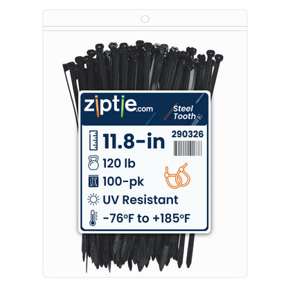 11.8-inch UV Resistant Black Steel Tooth Zip Tie, 120-lb Tensile Strength, UL 21S Listed, 100-Pack