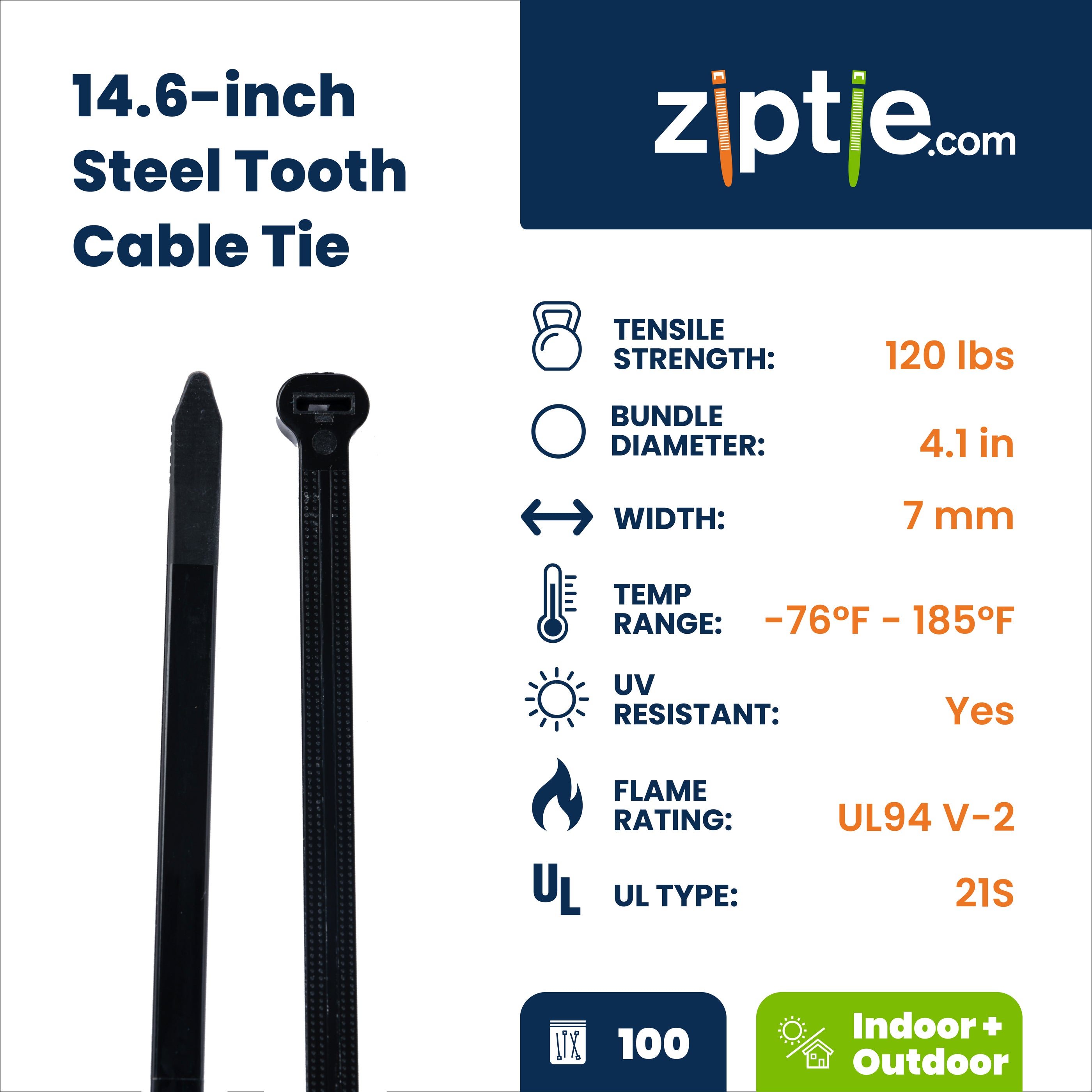 14.6-inch UV Resistant Black Steel Tooth Zip Tie, 120-lb Tensile Strength, UL 21S Listed, 100-Pack