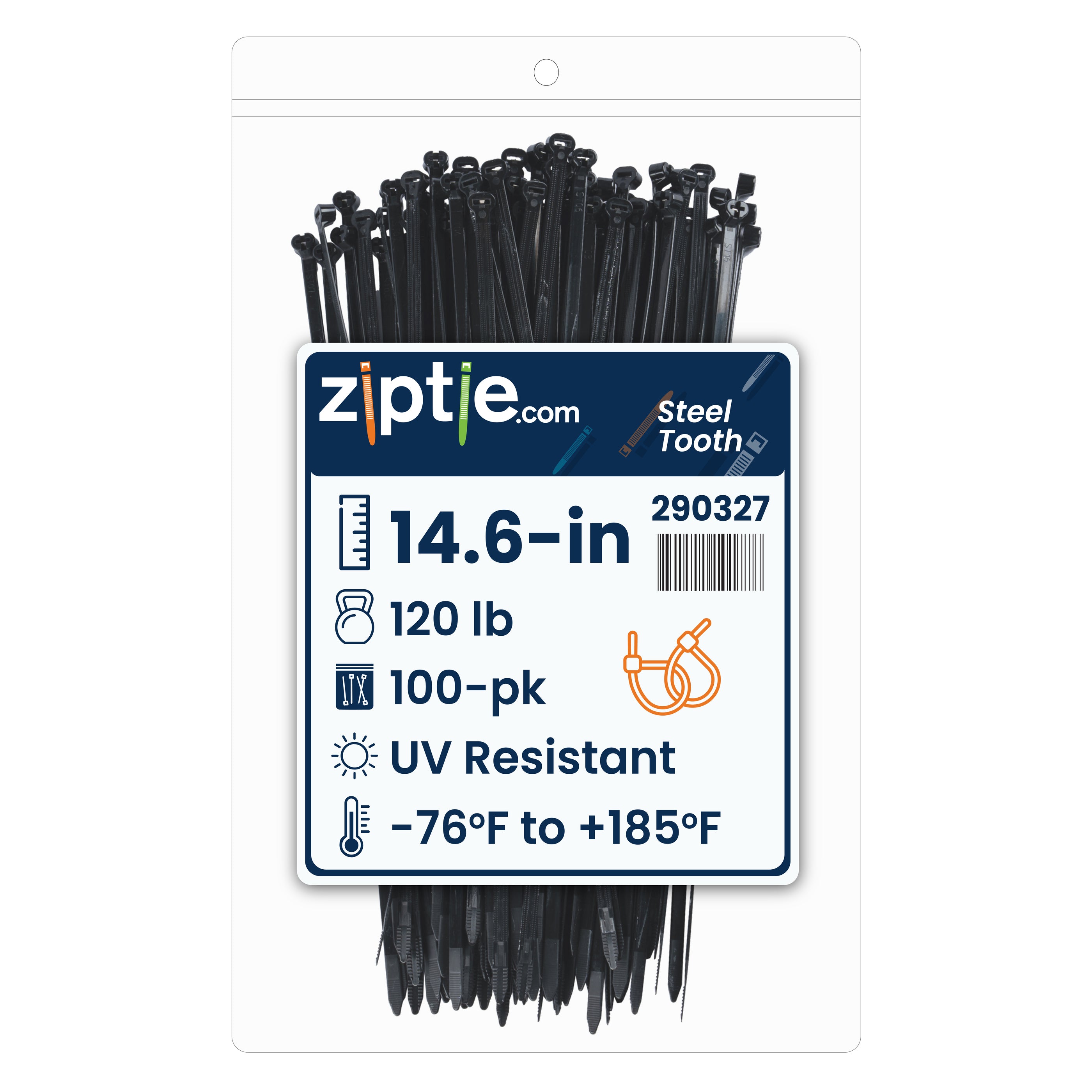 14.6-inch UV Resistant Black Steel Tooth Zip Tie, 120-lb Tensile Strength, UL 21S Listed, 100-Pack