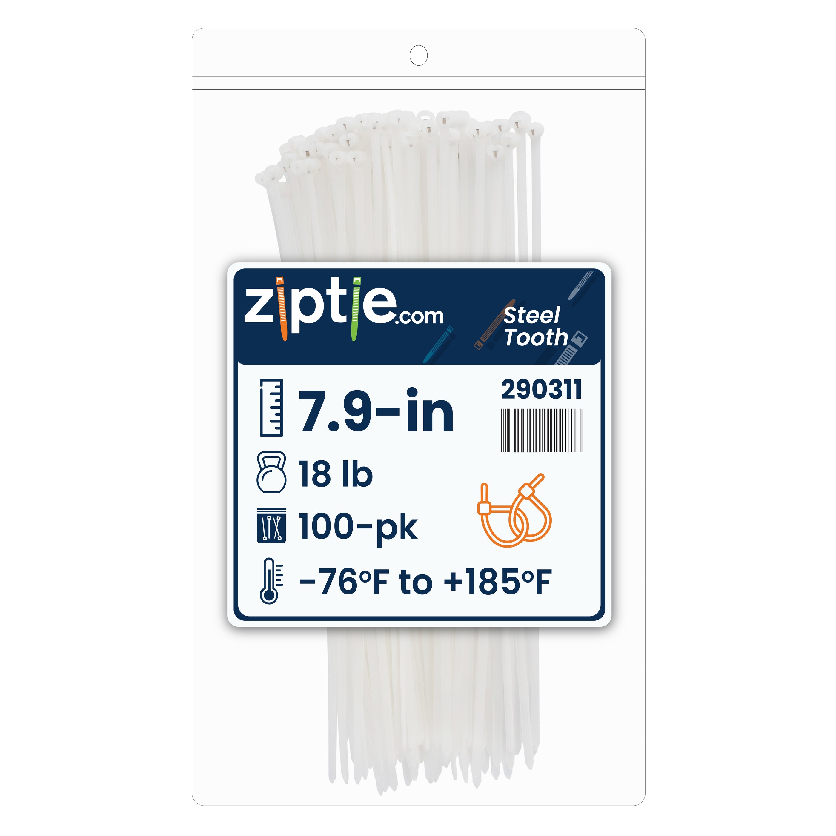 7.9-inch Natural Steel Tooth Zip Tie, 18-lb Tensile Strength, UL 21 Listed, 100-Pack