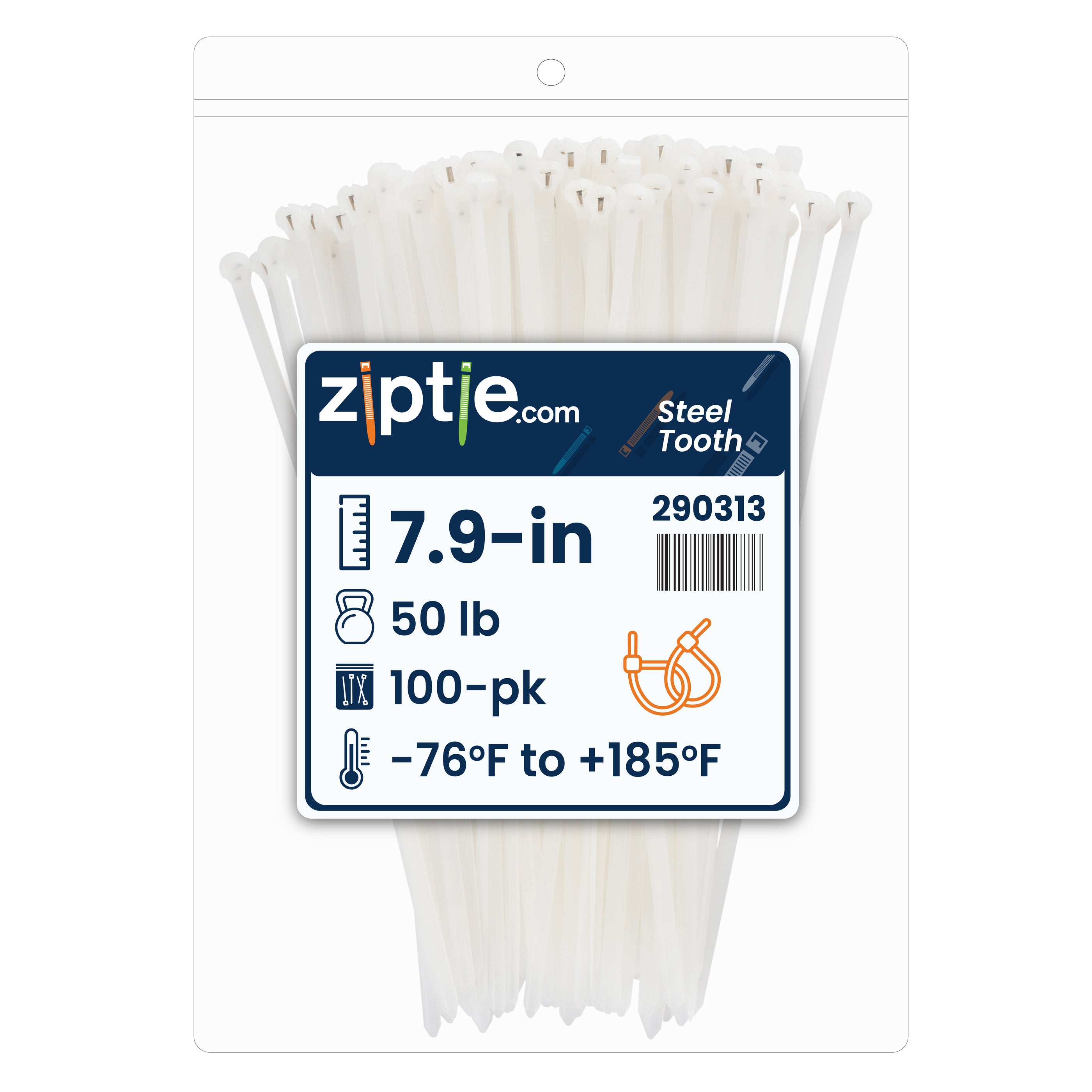 7.9-inch Natural Steel Tooth Zip Tie, 50-lb Tensile Strength, UL 21S Listed, 100-Pack