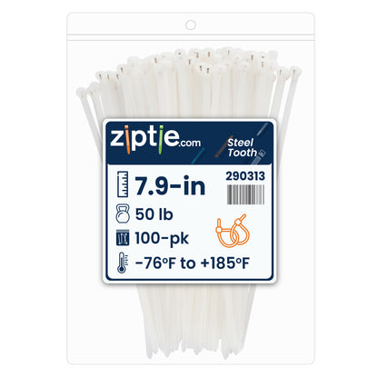 7.9-inch Natural Steel Tooth Zip Tie, 50-lb Tensile Strength, UL 21S Listed, 100-Pack