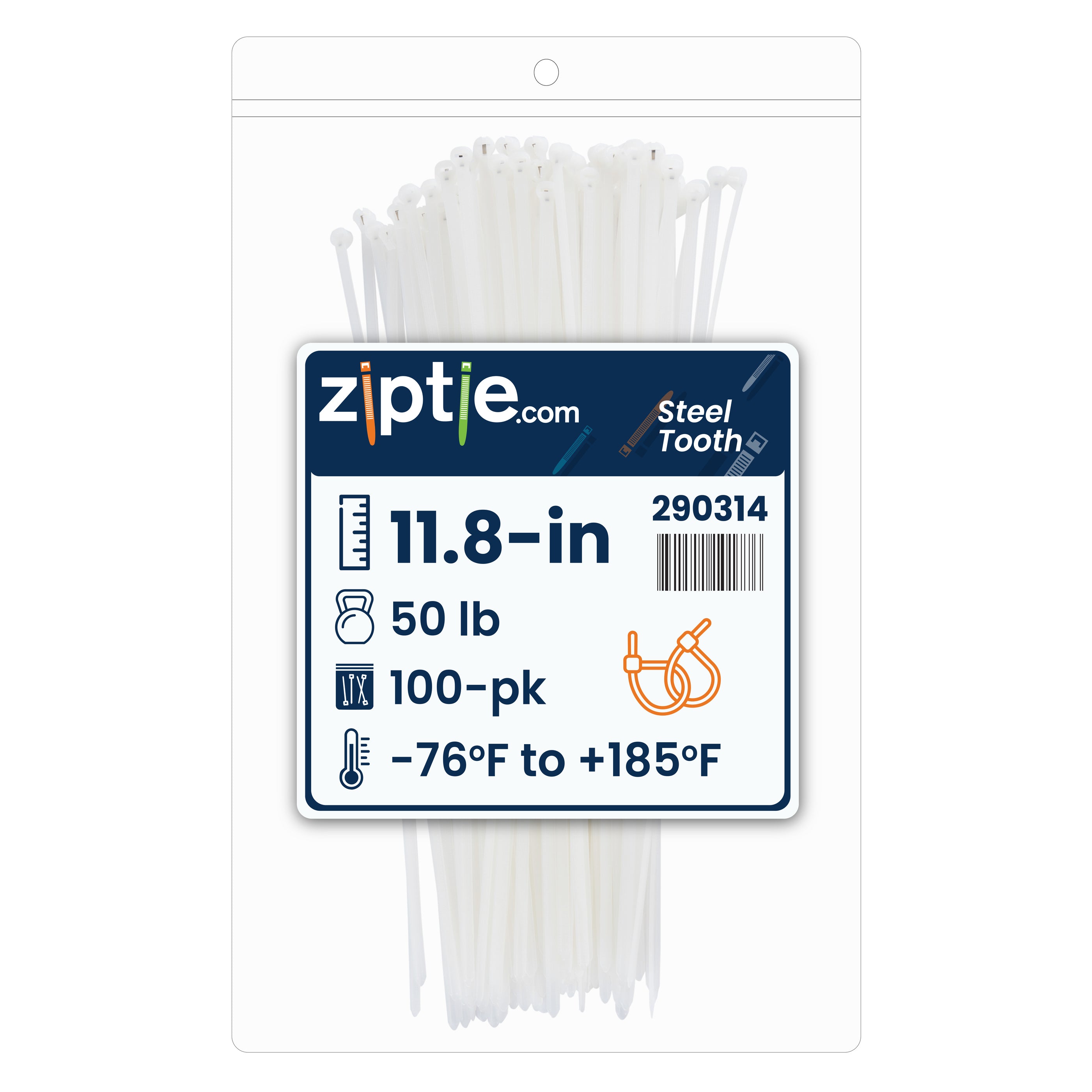 11.8-inch Natural Steel Tooth Zip Tie, 50-lb Tensile Strength, UL 21S Listed, 100-Pack