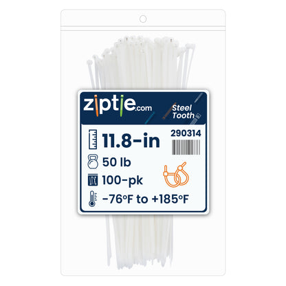 11.8-inch Natural Steel Tooth Zip Tie, 50-lb Tensile Strength, UL 21S Listed, 100-Pack