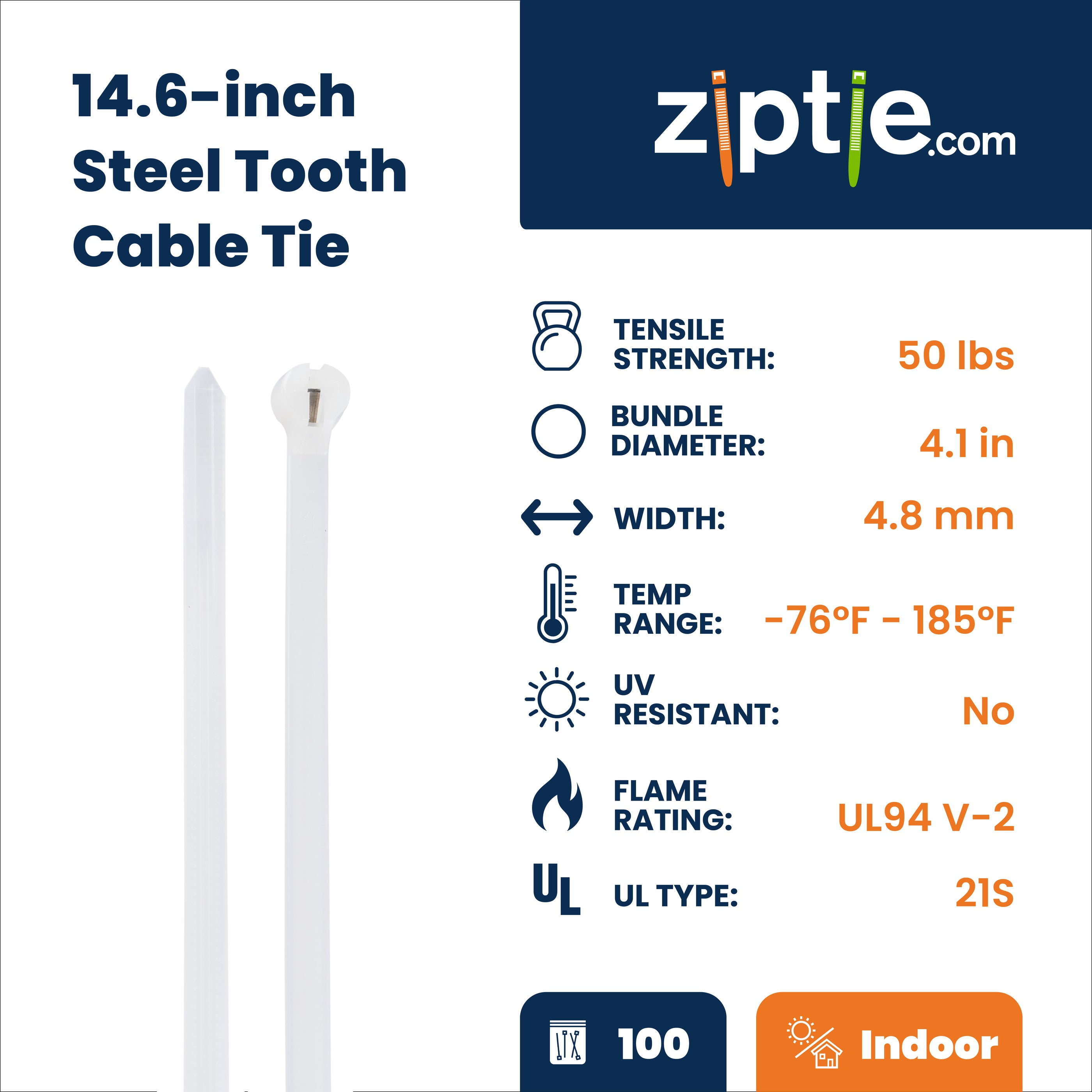 14.6-inch Natural Steel Tooth Zip Tie, 50-lb Tensile Strength, UL 21S Listed, 100-Pack