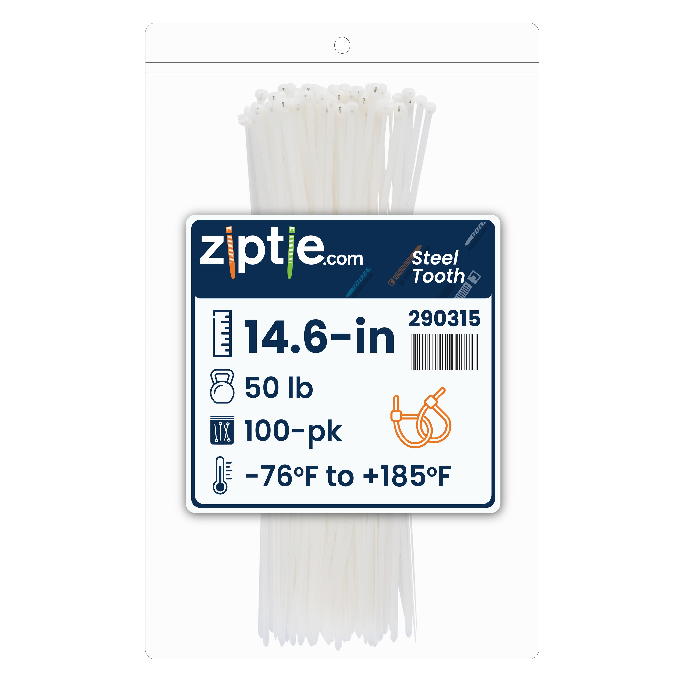 14.6-inch Natural Steel Tooth Zip Tie, 50-lb Tensile Strength, UL 21S Listed, 100-Pack