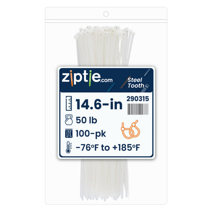 14.6-inch Natural Steel Tooth Zip Tie, 50-lb Tensile Strength, UL 21S Listed, 100-Pack