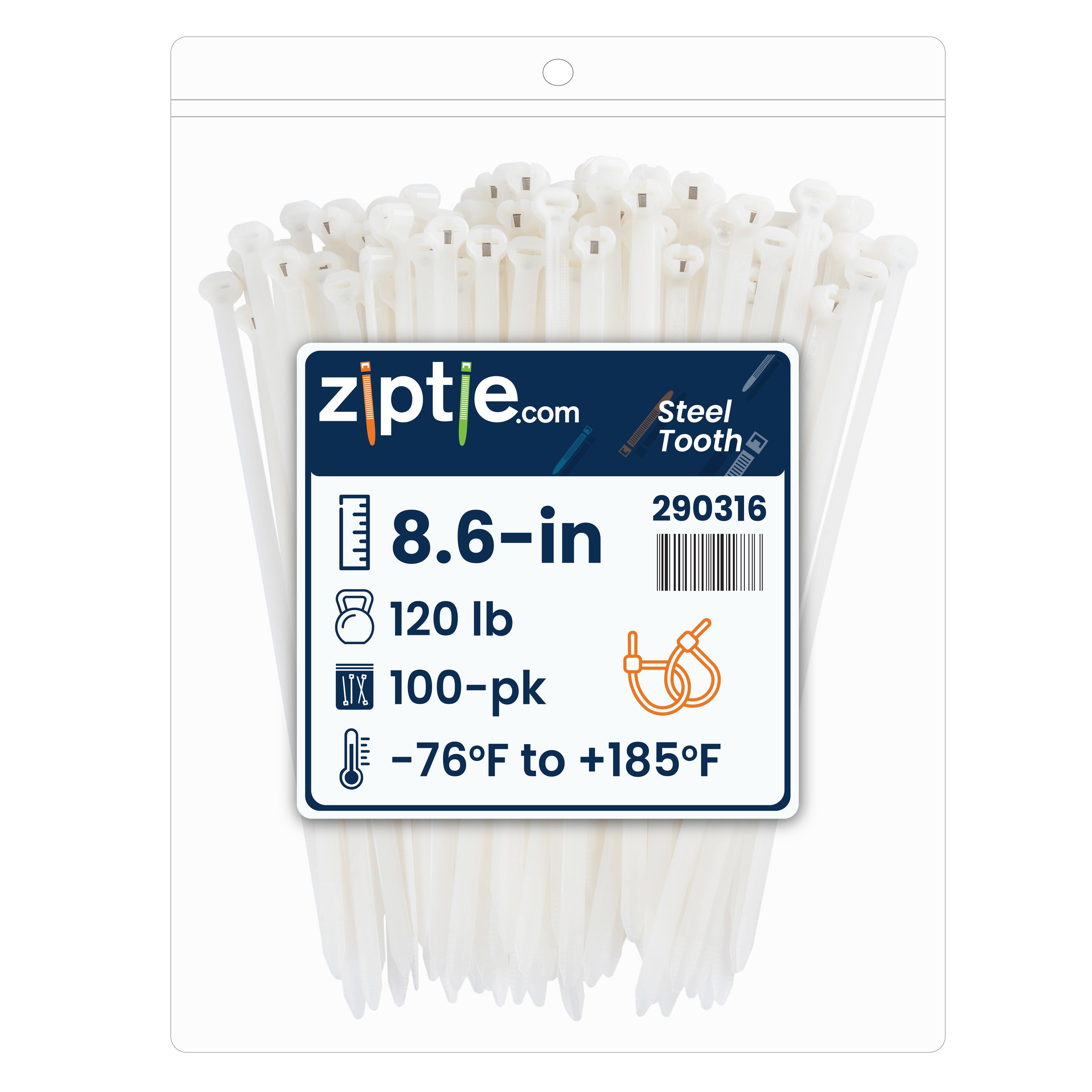 8.6-inch Natural Steel Tooth Zip Tie, 120-lb Tensile Strength, UL 21S Listed, 100-Pack