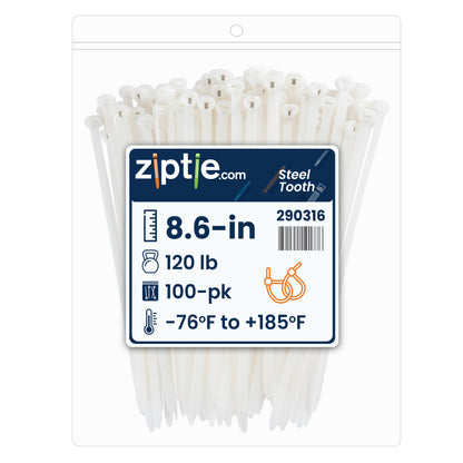 8.6-inch Natural Steel Tooth Zip Tie, 120-lb Tensile Strength, UL 21S Listed, 100-Pack