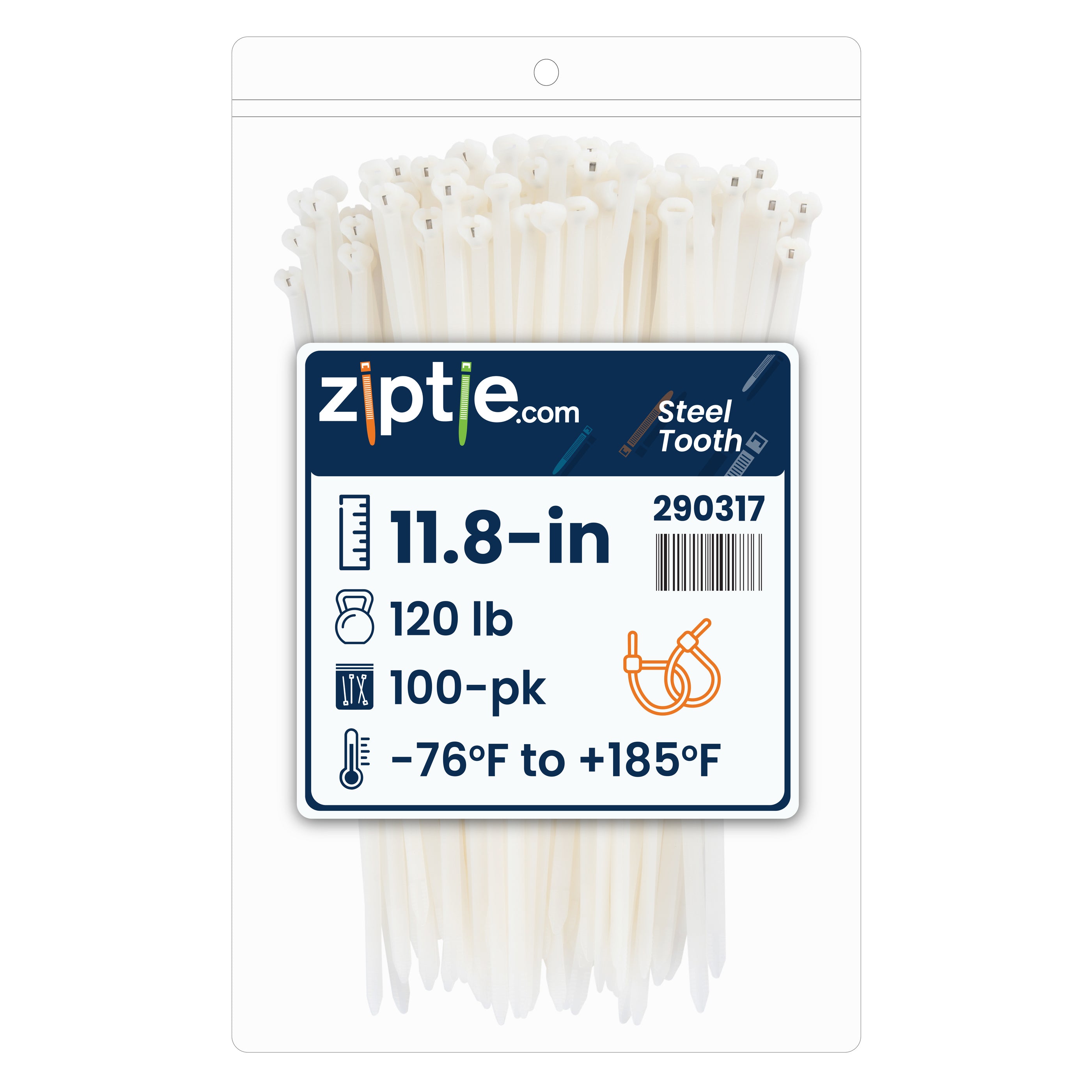 11.8-inch Natural Steel Tooth Zip Tie, 120-lb Tensile Strength, UL 21S Listed, 100-Pack