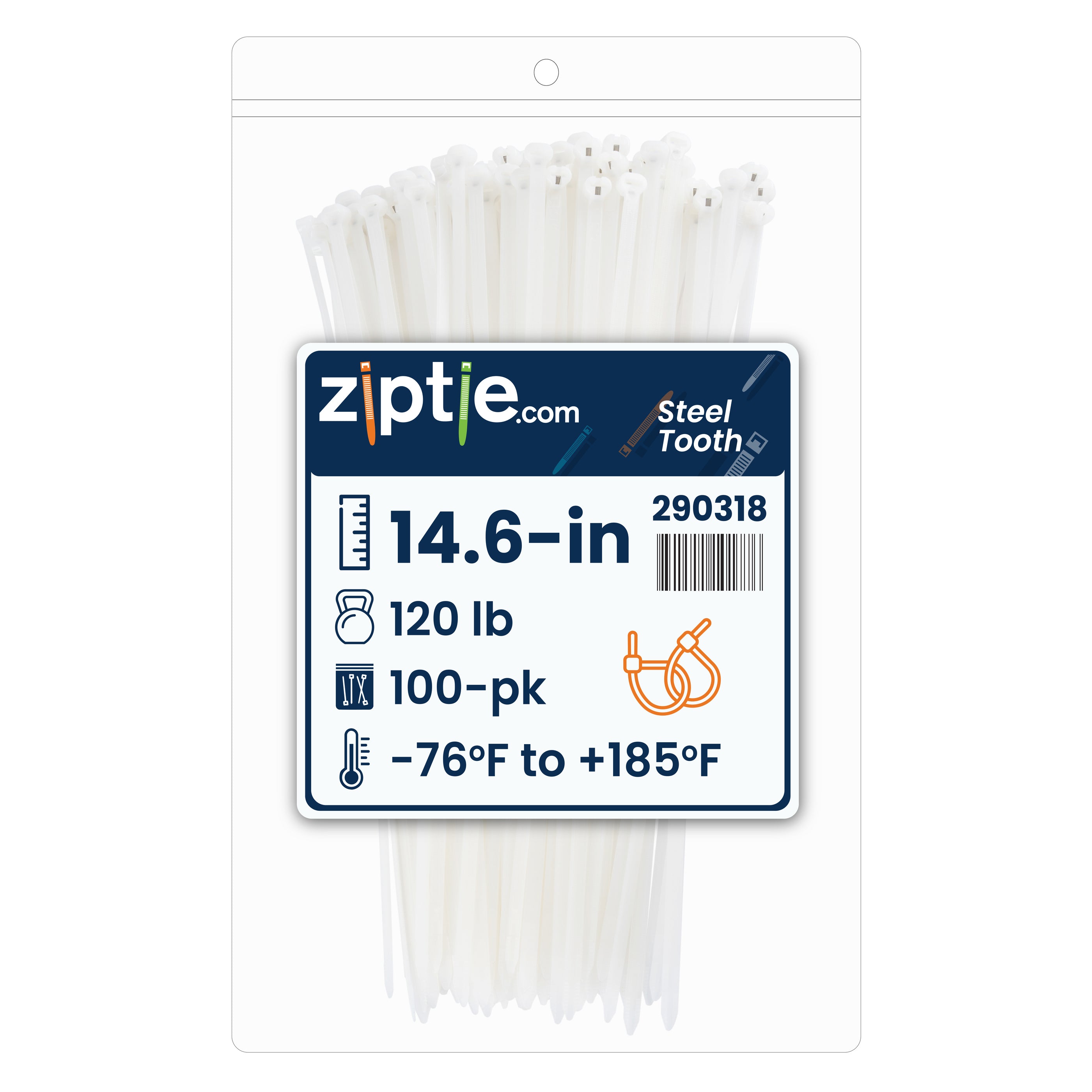 14.6-inch Natural Steel Tooth Zip Tie, 120-lb Tensile Strength, UL 21S Listed, 100-Pack
