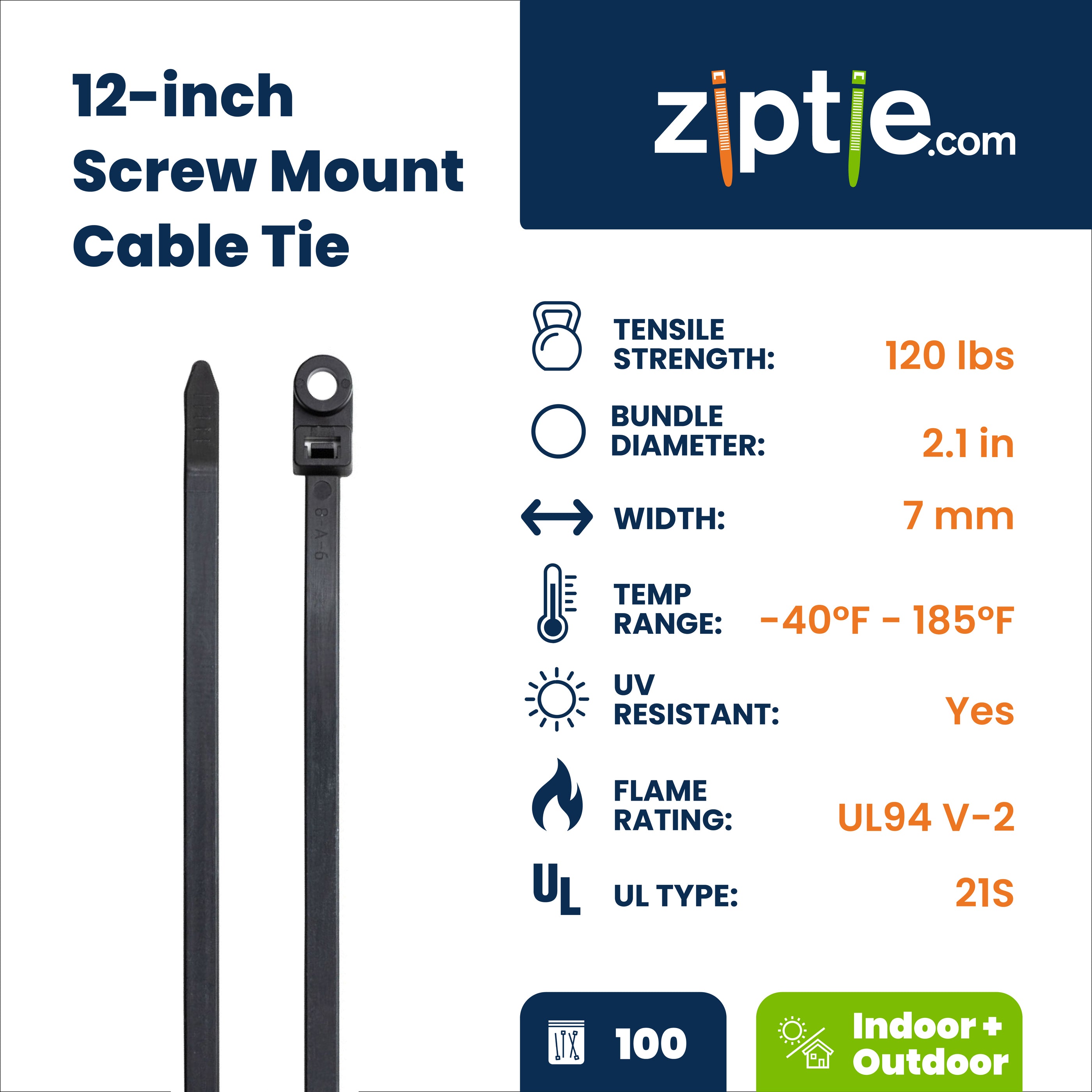 12-inch UV Resistant Black Screw Mount Zip Tie, 120-lb Tensile Strength, UL 21S Listed, 100-Pack