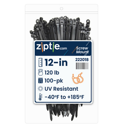 12-inch UV Resistant Black Screw Mount Zip Tie, 120-lb Tensile Strength, UL 21S Listed, 100-Pack
