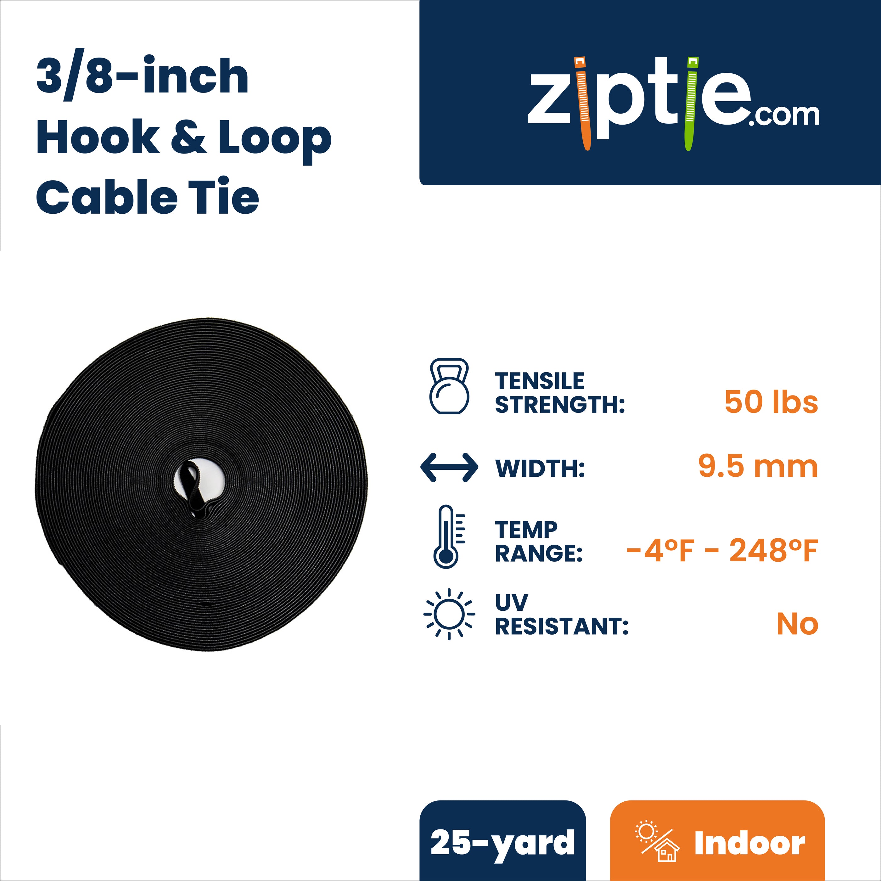 3/8-inch Black Hook and Loop, 50-lb Tensile Strength, 25 Yards (75-ft)