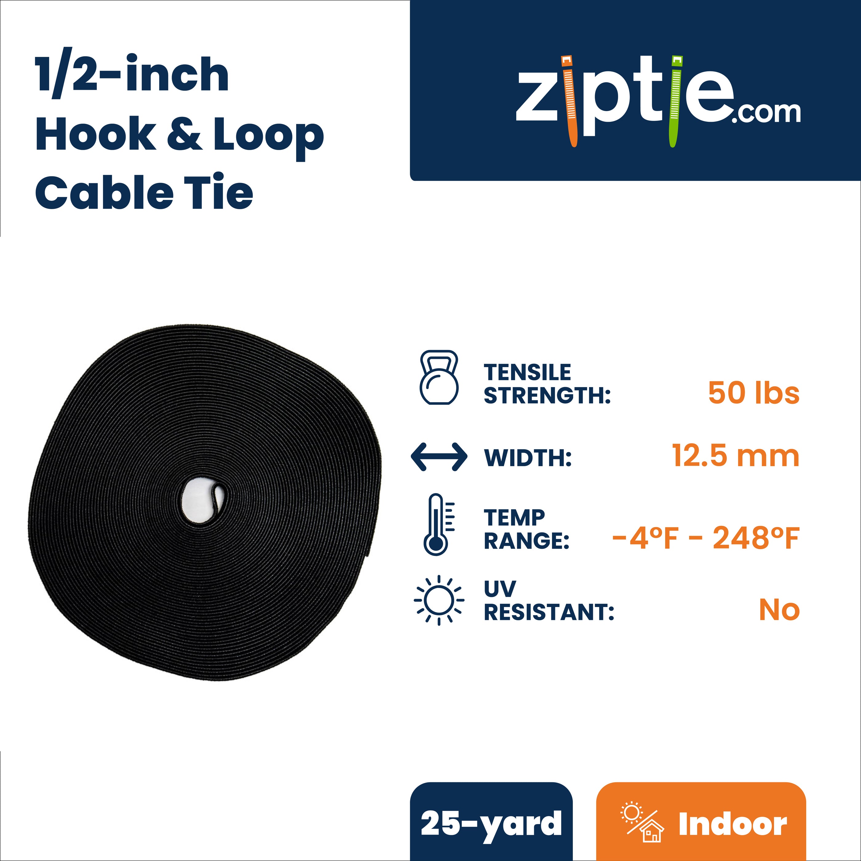 1/2-inch Black Hook and Loop, 50-lb Tensile Strength, 25 Yards (75-ft)