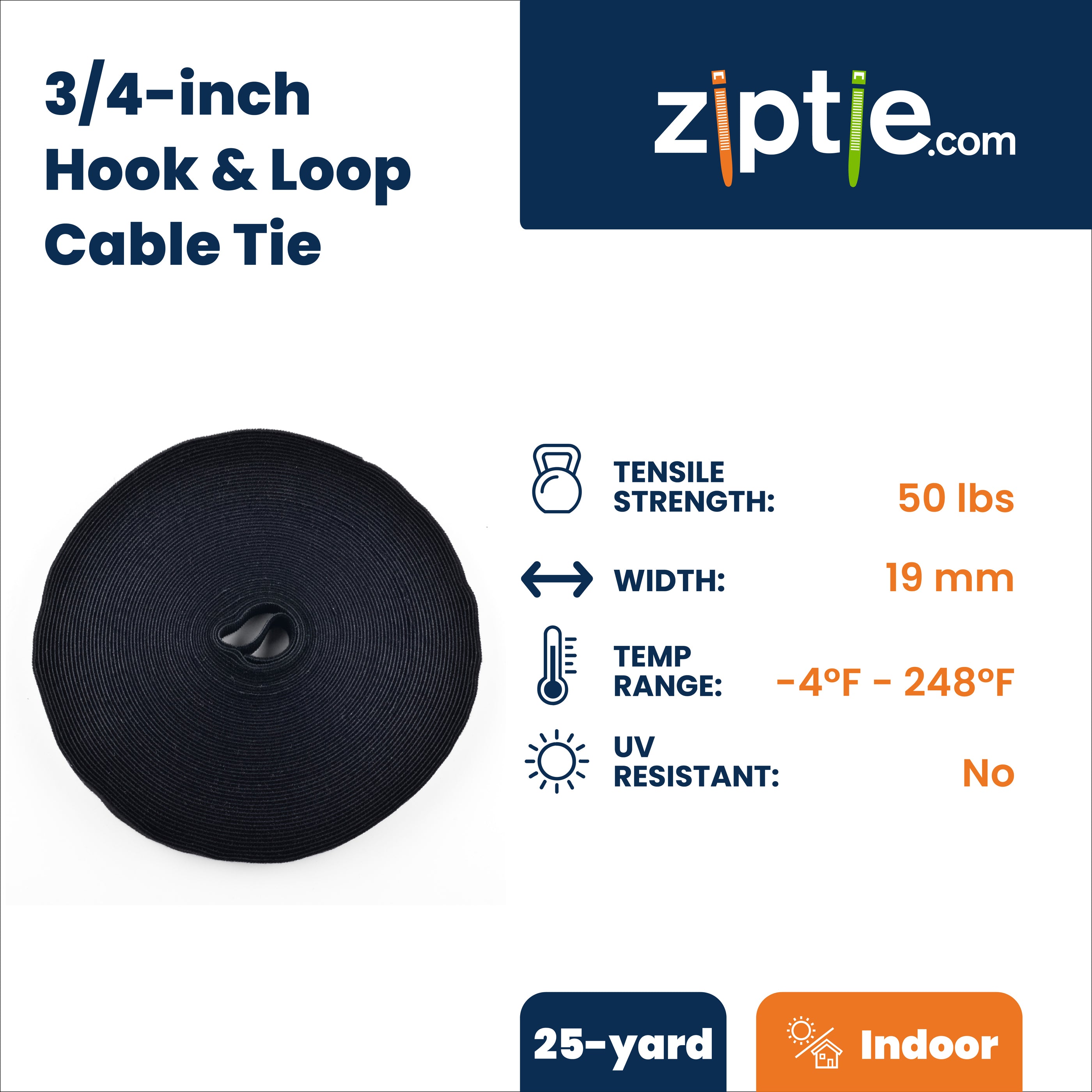 3/4-inch Black Hook and Loop, 50-lb Tensile Strength, 25 Yards (75-ft)