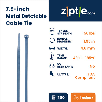 7.9-inch FDA Approved Metal Detectable Blue Zip Ties, 50-lb Tensile Strength, 100-Pack