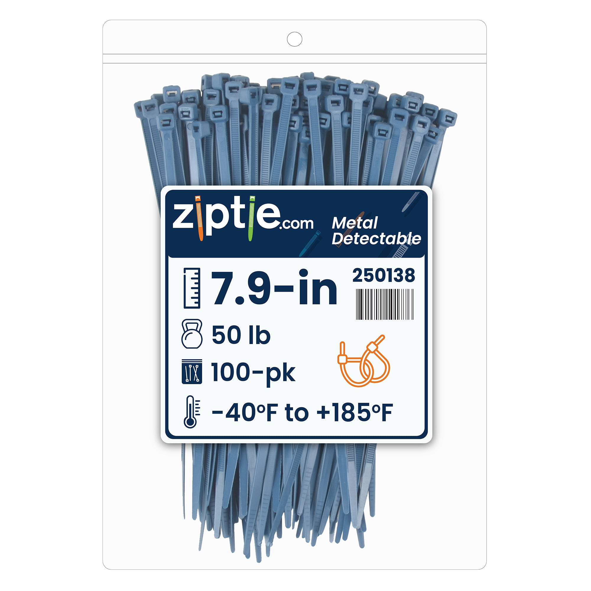 7.9-inch FDA Approved Metal Detectable Blue Zip Ties, 50-lb Tensile Strength, 100-Pack